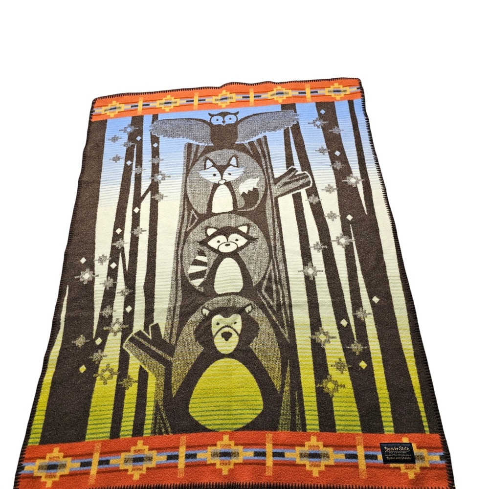 Pendleton Beaver State Wool Blanket Woodland Animals Owl Fox Bear Raccoon Brown